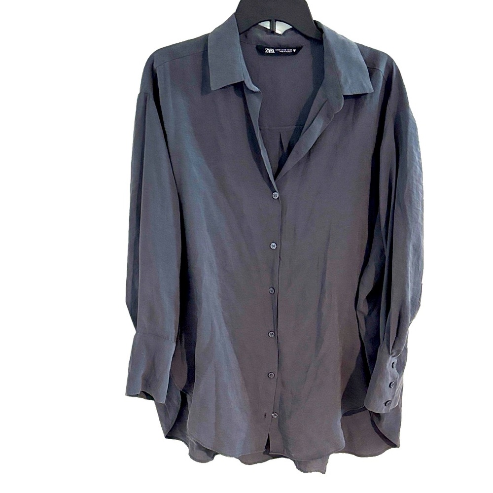Zara Poplin Size‎ XS Gray Button-Up Oversized Blouse